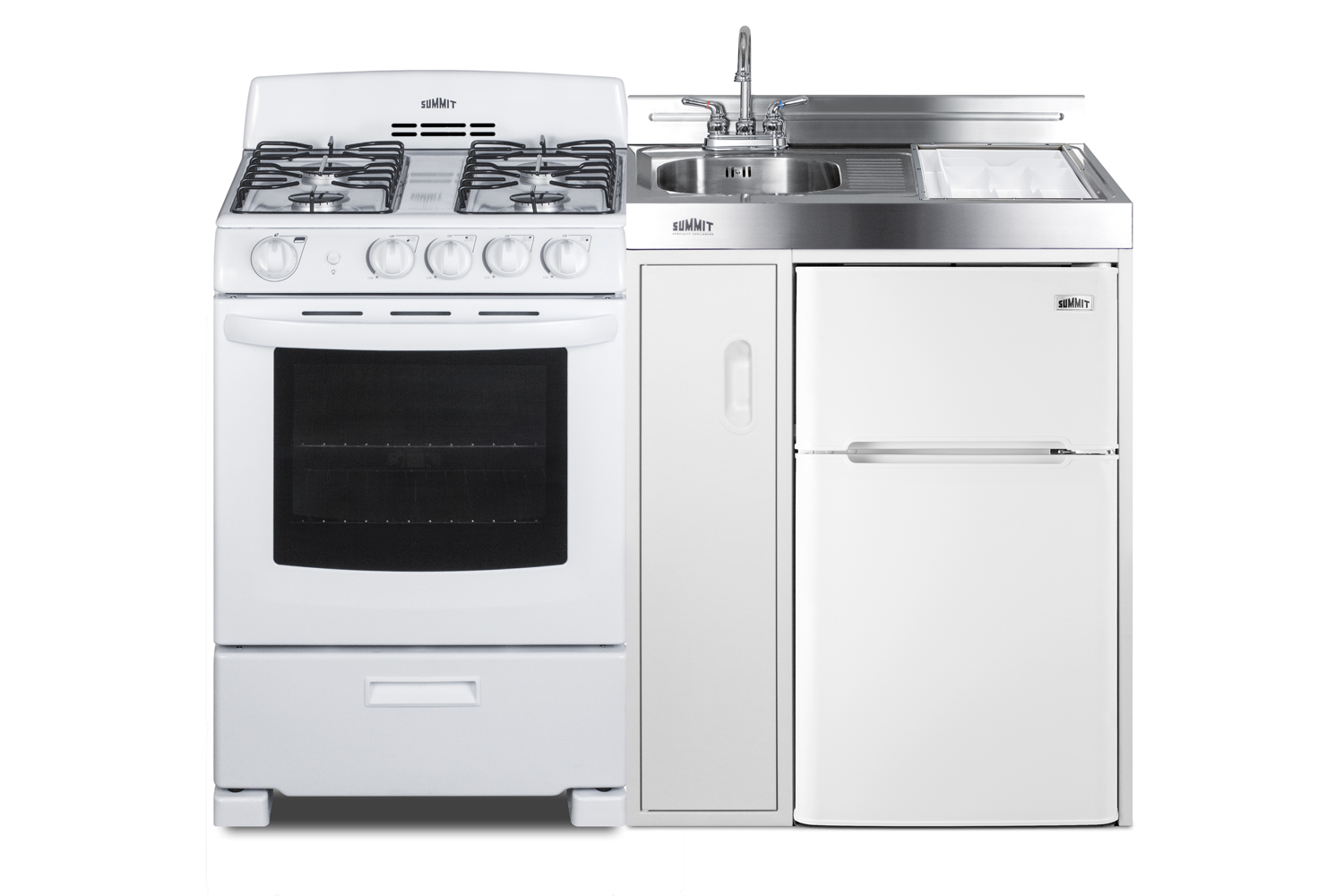 54 inch wide all-in-one kitchenette with 115V 4-burner gas range, refrigerator-freezer, sink, cutting board and cutlery storage, and a storage cabinet
